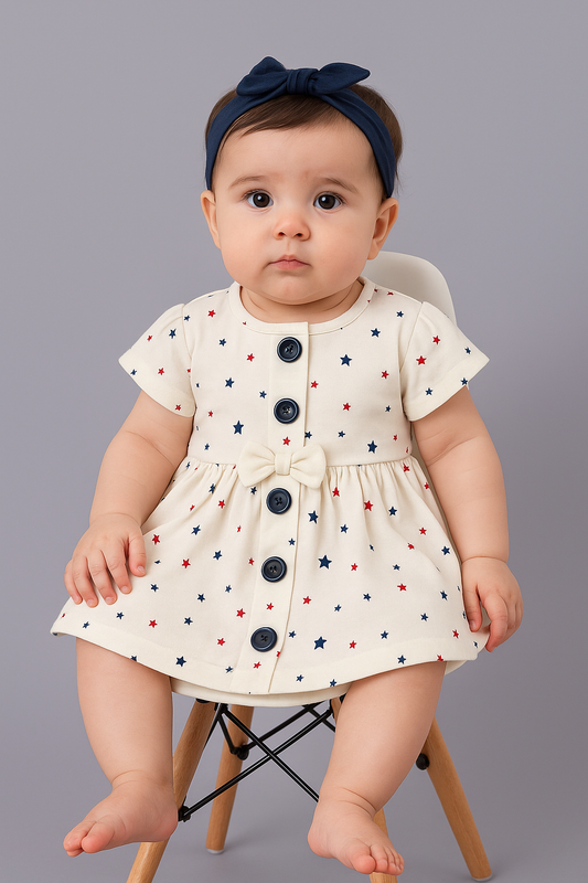 REHOO Cream Star Printed Frocks