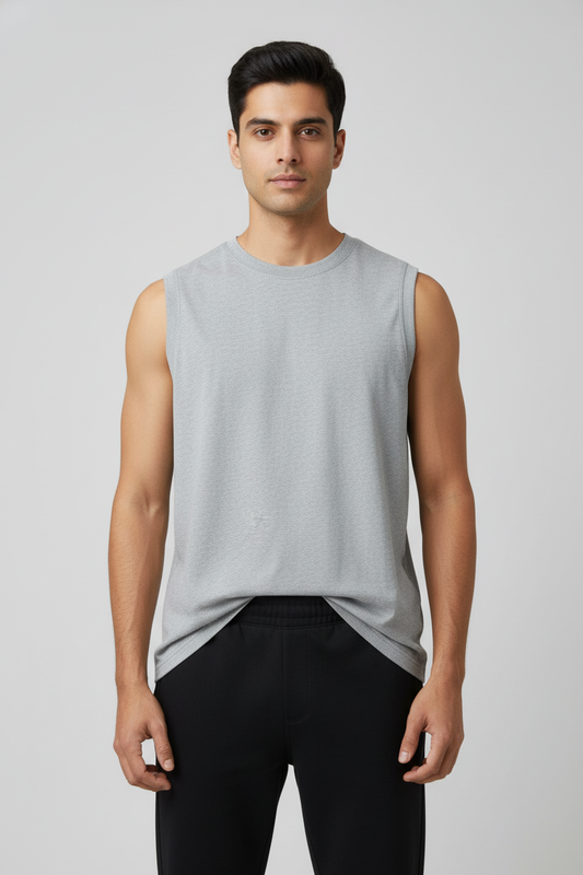 Men Regular Fit Sleeveless T Shirt Grey Melange