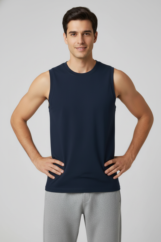Men Regular Fit Sleeveless T Shirt Navy