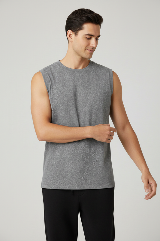 Men Regular Fit  Sleeveless T Shirt Charcoal Melange