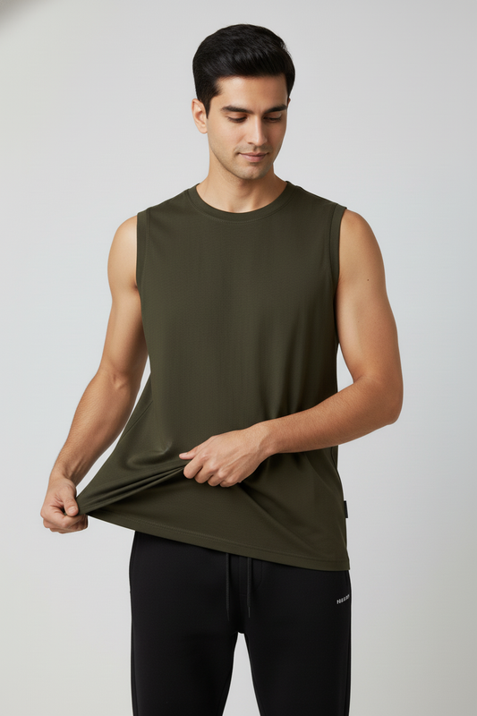 Men Regular Fit  Sleeveless T Shirt Olive Green