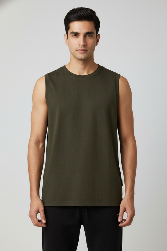 Men Regular Fit  Sleeveless T Shirt Olive Green