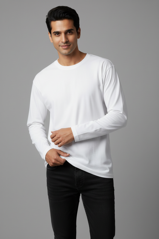 Men Regular Fit Full Sleeve T Shirt White